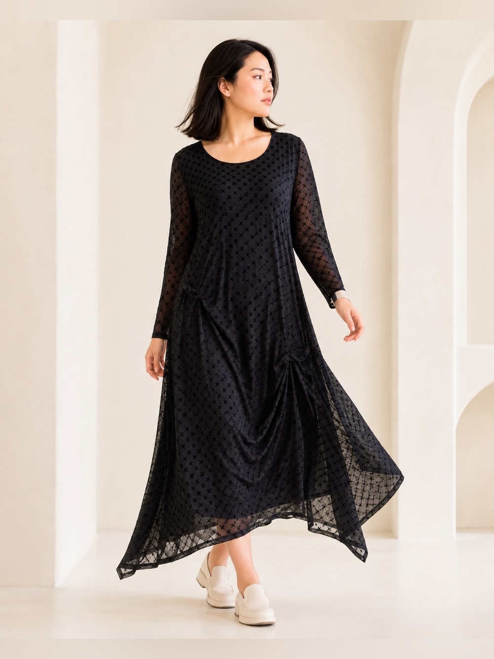 KOZAN Lagenlook Velvet Cross Mesh Asymmetric Midi Dress Black Sz 1X
